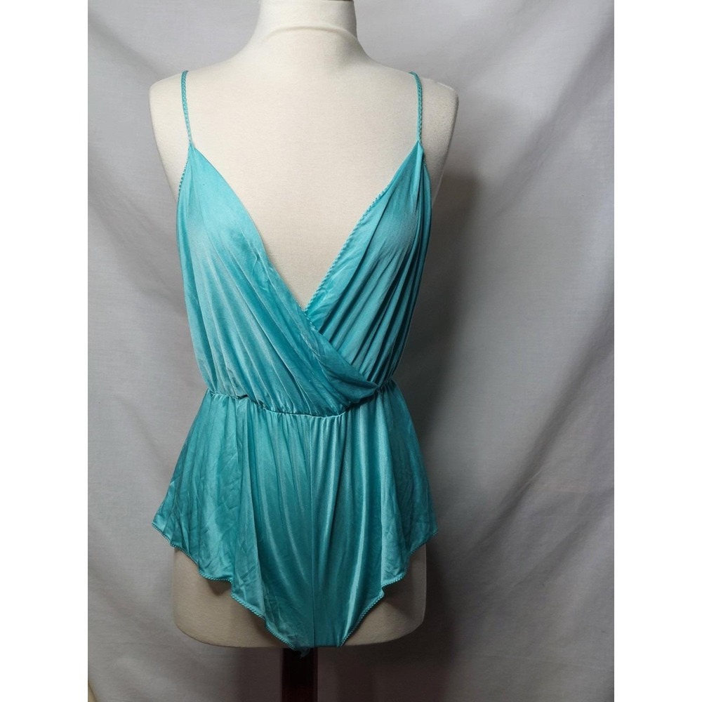 Vintage Aqua Satin Teddy Romper Lingerie Draped Wrap One Piece S/M Y2K Fairycore